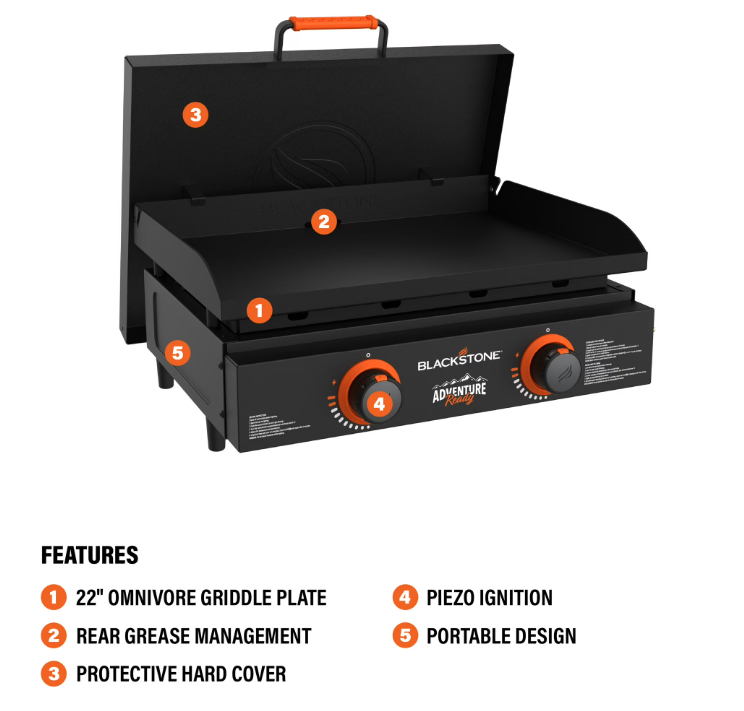 Blackstone Adventure Ready Outdoor Griddle, 2-Burner 22" Propane Flat Top Grill with Hard Cover